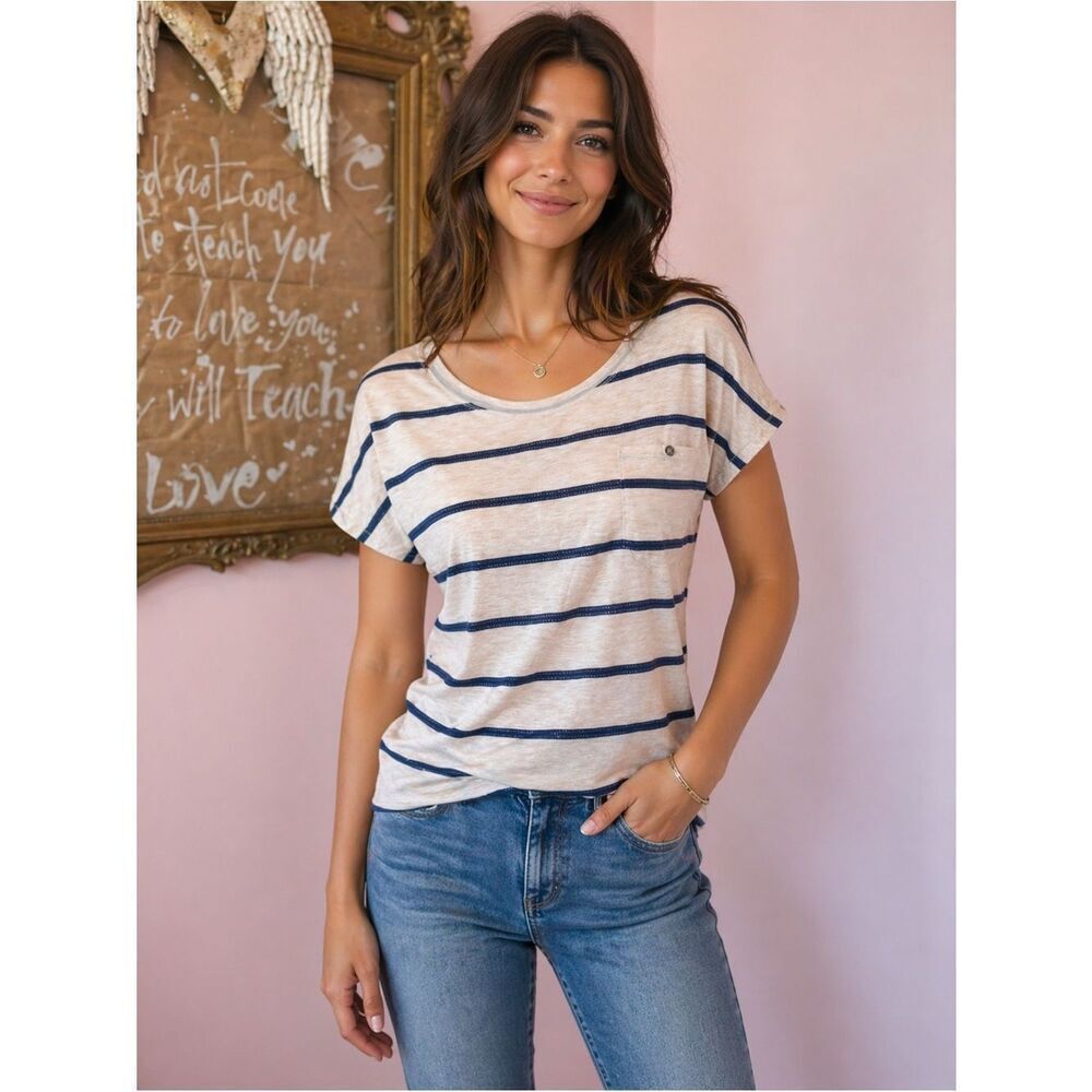 Poof! Cream and Navy Striped Short Sleeve Tee